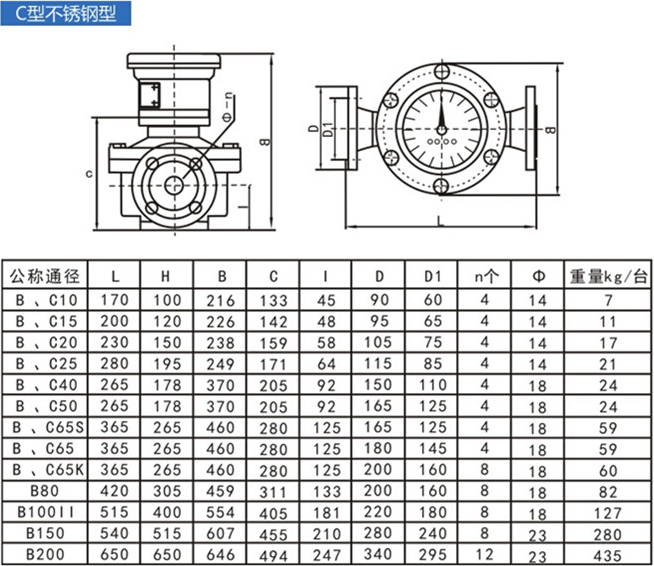 石油流量計(jì)外形尺寸對照表